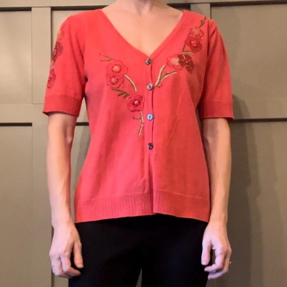 Icelandic Design Embroidered Knit Button Front Cardigan Sweater Short Sleeve Med